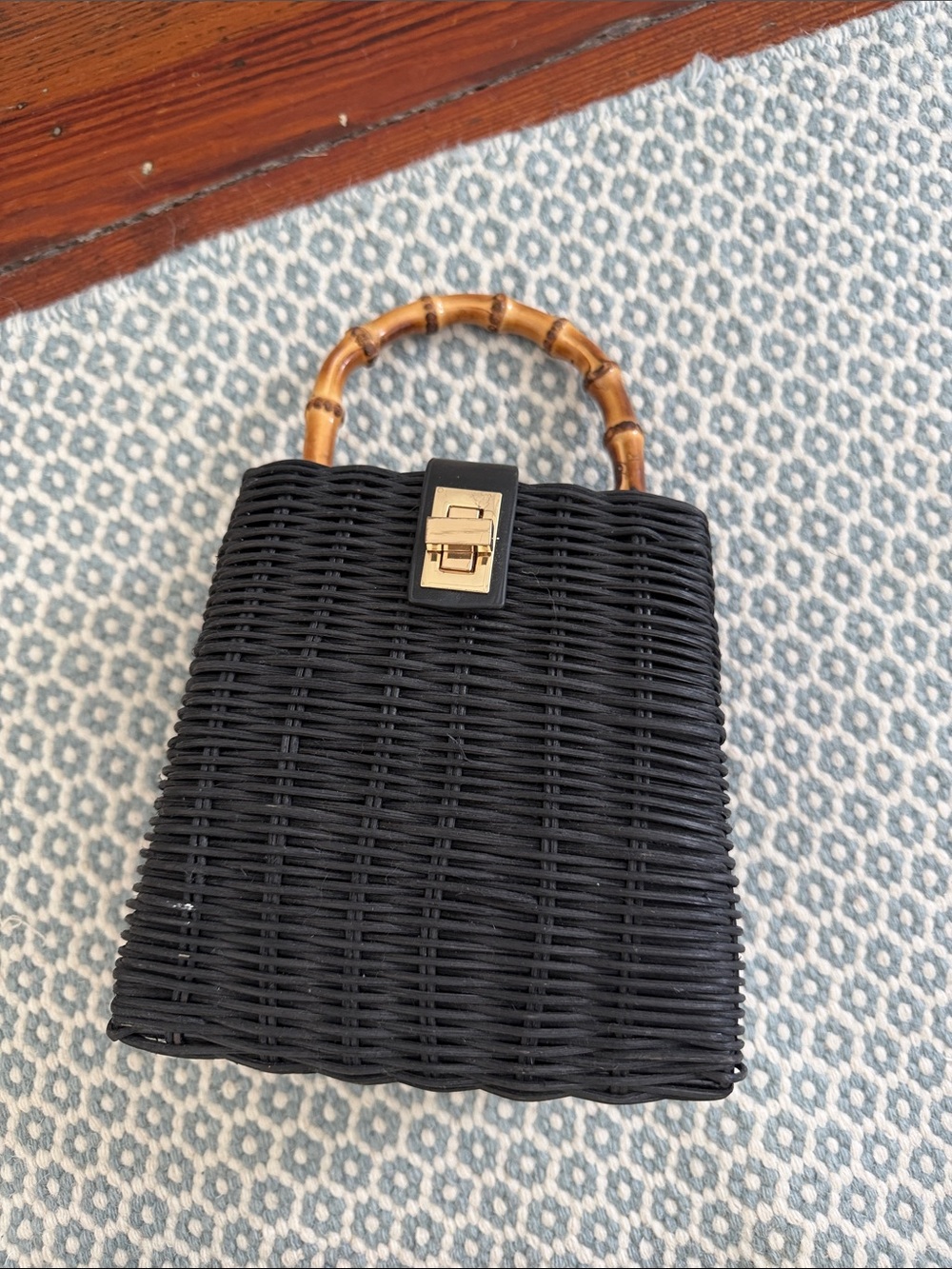 Zara Black Wicker Top-Handle Bag with Bamboo Handles